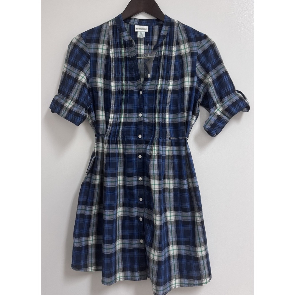 Motherhood Maternity Tunic Shirt Dress Sz Small Blue Green Plaid Button Front